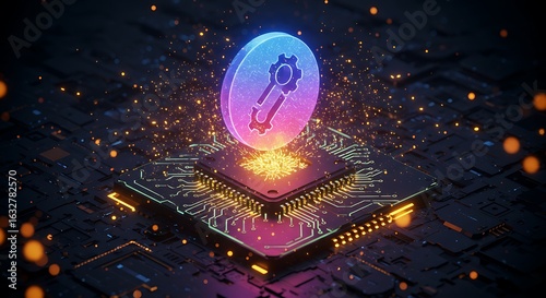Operating System Icon on Computer Chip with Glowing Particles