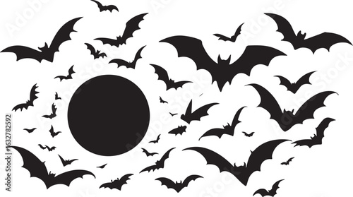 Black bat silhouettes flying around a large black circle on a white background vector