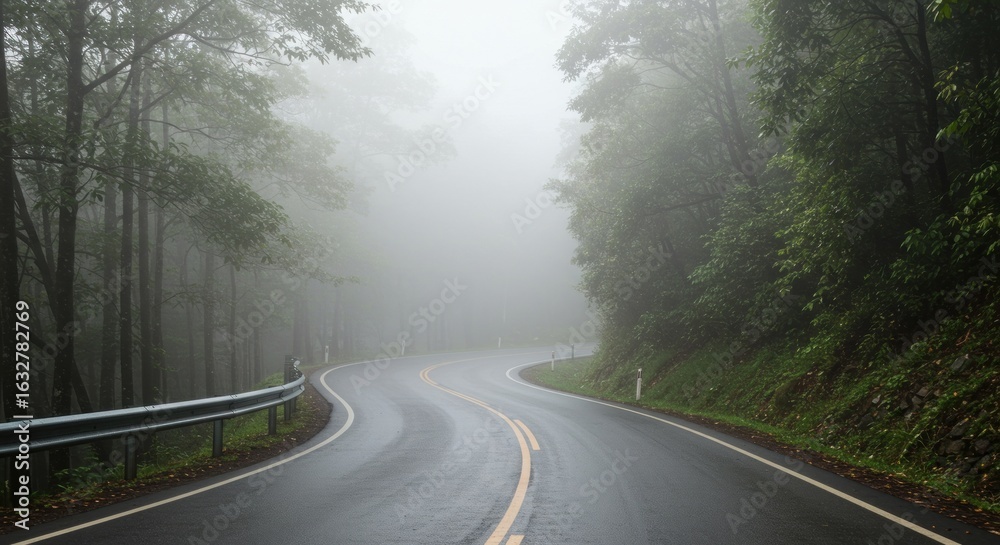 Fototapeta premium A winding road disappears into a foggy forest, creating an atmospheric scene.