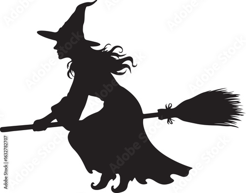 Black silhouette of a witch flying on a broomstick with flowing hair and a pointed hat halloween
