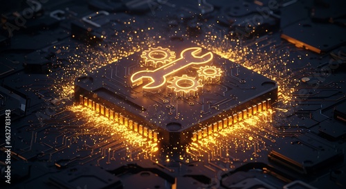 Repairing Computer Chip with Glowing Wrench and Gears Illustration