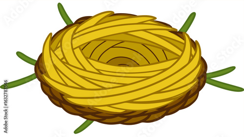 An empty birds nest made of straw and twigs, isolated on white background