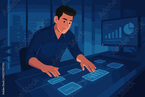 Strategist aligning product roadmap on a smart surface desk during a night session