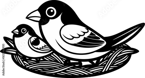 Two birds, a parent and a baby, nestled together in a cozy nest, symbolizing family, love, and protection, isolated on white background