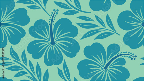Seamless pattern of blue hibiscus flowers and leaves on a mint green background