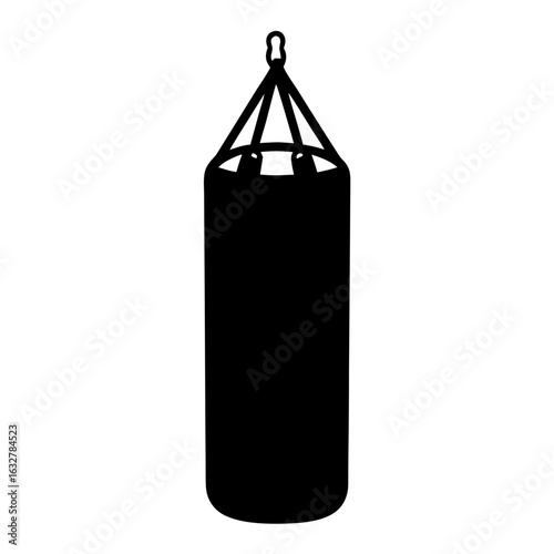 A black silhouette image showing a large punching bag hanging from above