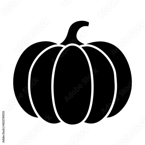 Simple stylized black pumpkin with stem and white dividing lines illustration