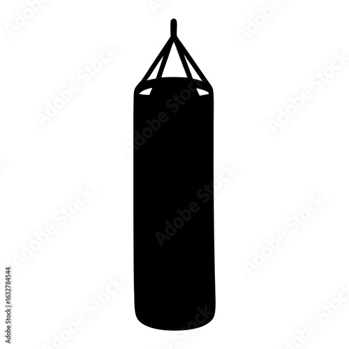 Silhouette of a heavy punching bag hanging from the ceiling with ropes