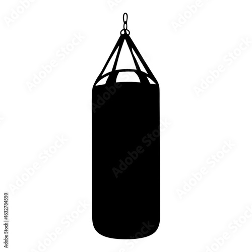 Silhouette of a heavy black punching bag suspended from a chain