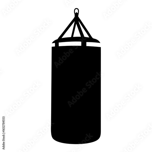 Silhouette of Hanging Boxing Punching Bag Icon, Black silhouette of a hanging punching bag, isolated on white background, ideal for fitness, boxing, or gym-related designs.
