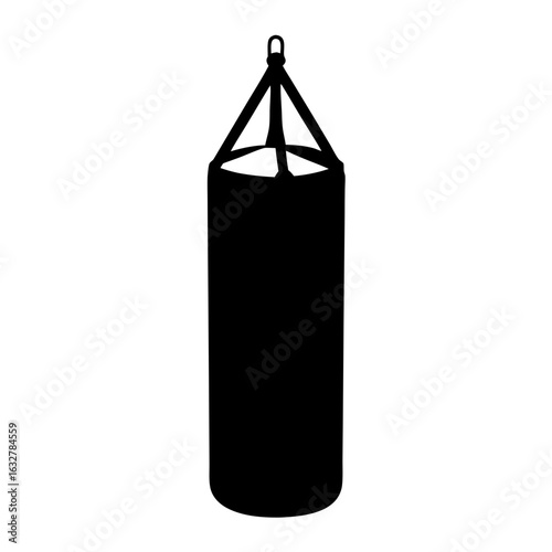 Black silhouette of a hanging punching bag on a white background