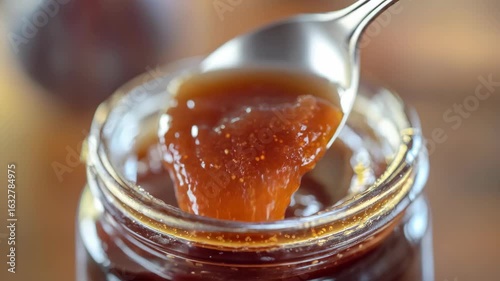 Spoon dipping into a homemade jam jar filled with delicious and fresh preserves.