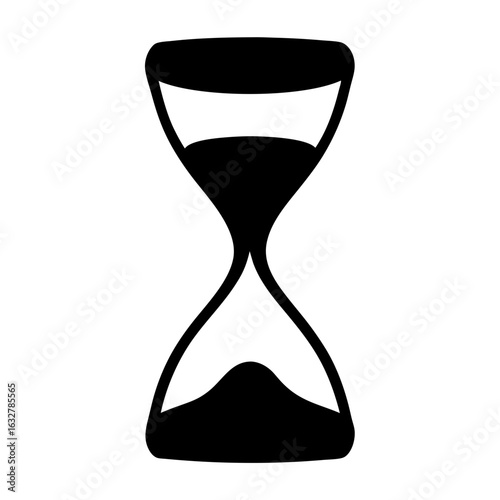 Silhouette of Hourglass Icon Representing Time Passing, Black silhouette of a classic hourglass with sand, symbolizing time, countdown, or deadline, isolated on white background.
