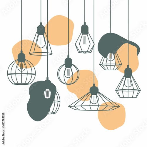 Collection of modern geometric wireframe pendant light fixtures with abstract organic shapes