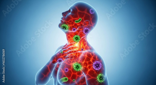 Conceptual 3D medical illustration showing a human body's immune response to a viral and bacterial infection causing a sore throat
