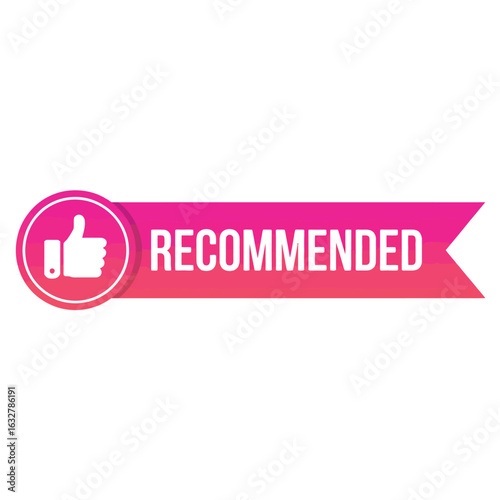 Recommended label with a thumbs up icon on a pink ribbon