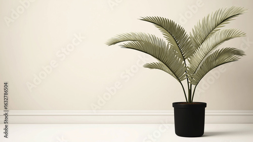 Lush green palm plant in a sleek black pot against a neutral wall