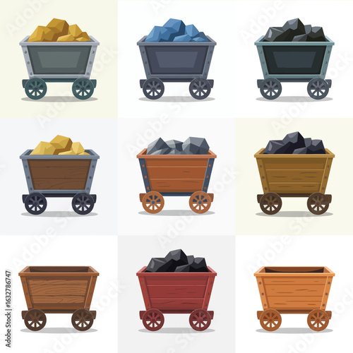 Collection of cartoon mining carts filled with coal and ore