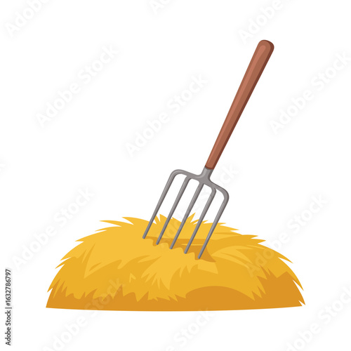 Pitchfork stuck in a hay bale on a white background
