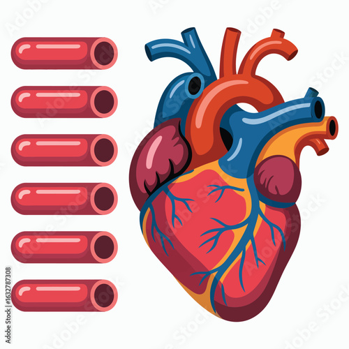 Human heart anatomy with blood vessels and arteries illustration