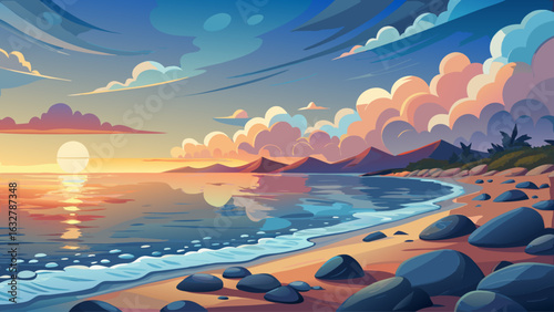 Serene sunset over a tranquil beach with smooth pebbles leading to gentle waves and soft clouds