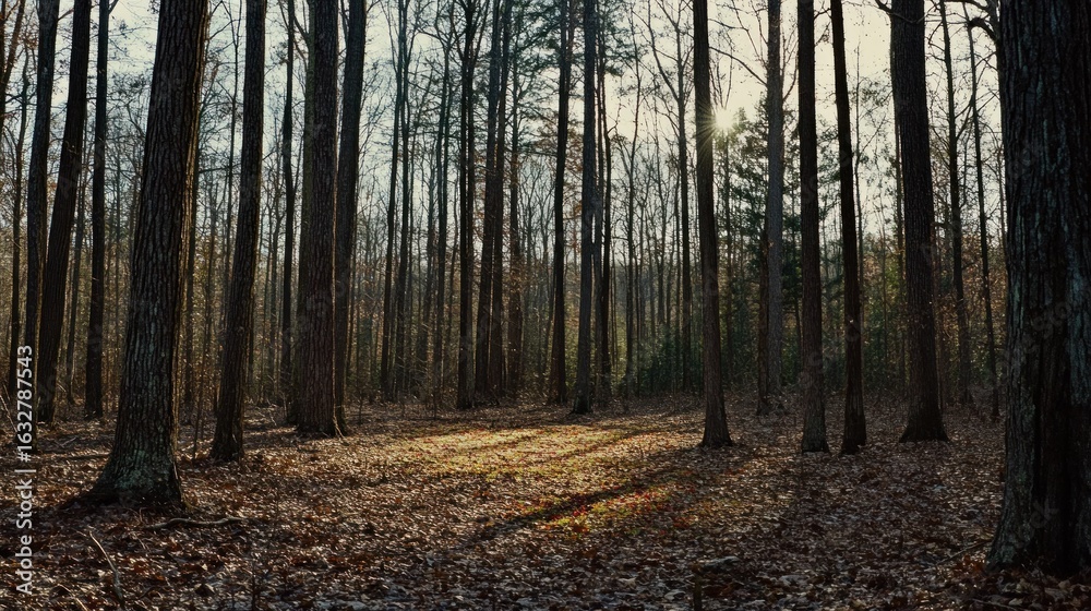 Fototapeta premium Sunlight filtering through a dense woodland.
