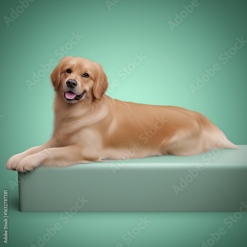 A cheerful Golden Retriever dog lying relaxed on a green background.