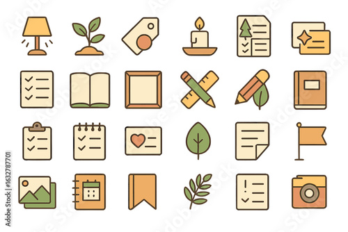 Creative workspace elements displayed in a neat grid featuring plants, stationery, and organizational tools