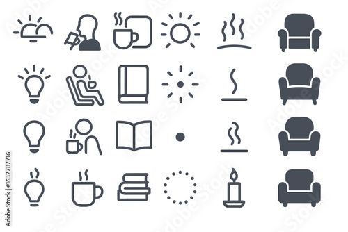 Interior design elements with cozy symbols for relaxation and mindfulness at home during morning or afternoon hours