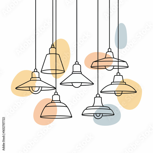 Hand drawn illustration of various pendant lights with colorful abstract shapes