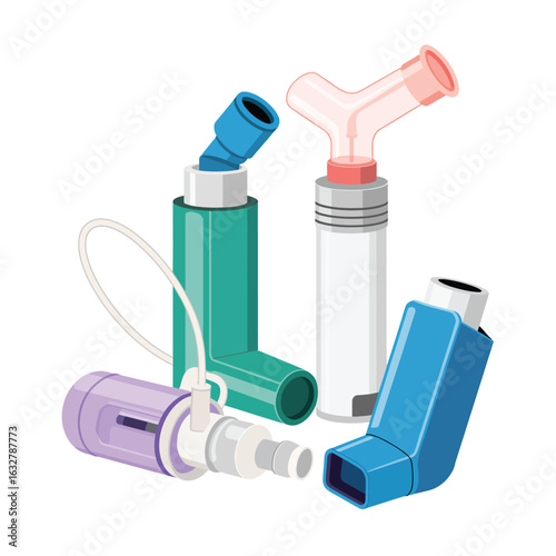 Collection of asthma inhalers and spacers for respiratory health