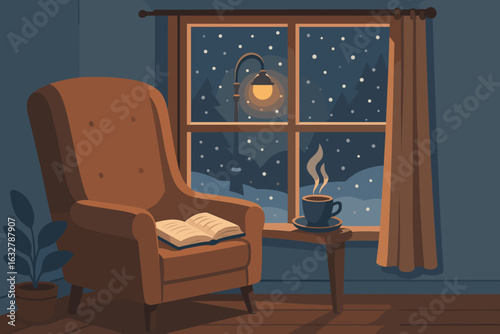 Cozy indoor setting with a reading chair by the window on a snowy night