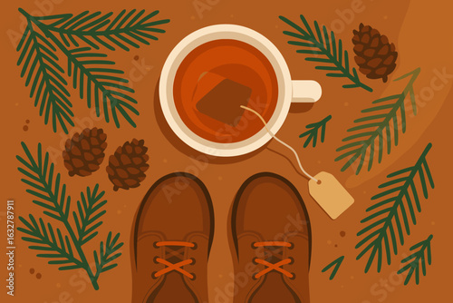 Enjoying a warm cup of tea surrounded by pinecones and greenery on a cozy autumn afternoon