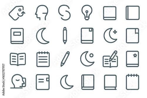 Collection of simple line icons representing study, creativity, and relaxation activities during nighttime