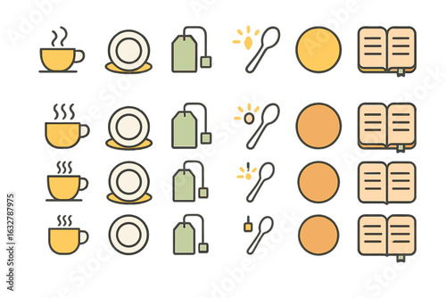 Tea and coffee preparation elements illustrate a daily routine with beverages and reading materials in a cozy setting