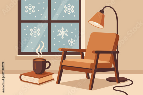 Cozy winter afternoon by the window with hot drink and reading material in a warm living space