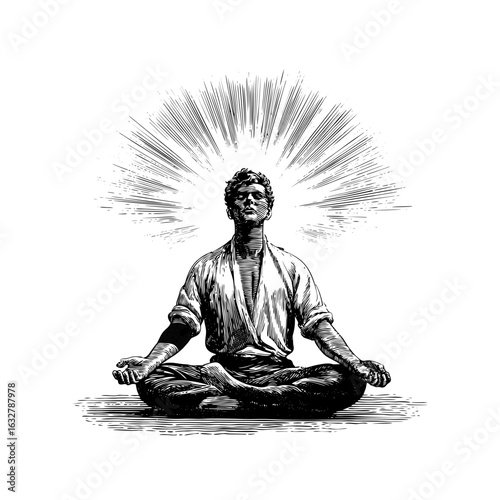 Engraving style illustration of a seated meditating person with radiant rays in black and white on transparent background – Wellness vector for mindfulness books, spiritual posters, and meditation app