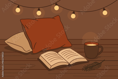 Cozy reading nook with warm lighting and a cup of tea during a quiet evening
