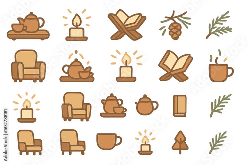 Warm and cozy home decor elements featuring teapots, candles, and books for a peaceful ambiance