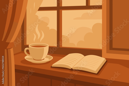 Warm cup of coffee beside an open book on a cozy windowsill during a calm afternoon