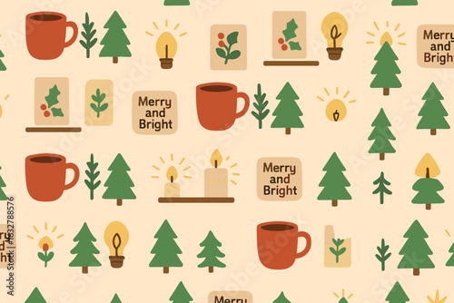 Holiday themed fabric design featuring mugs, candles, trees, and festive elements in warm tones