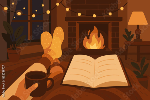 Cozy evening by the fireplace with a book and a warm drink in a serene indoor setting