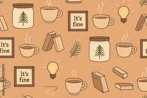 Cozy autumn-themed pattern featuring warm beverages, books, and comforting quotes in a warm color palette