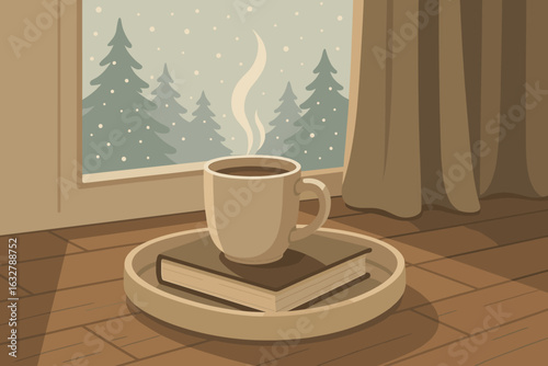 Warm coffee cup resting on a book near window with snowy landscape outside in a cozy room
