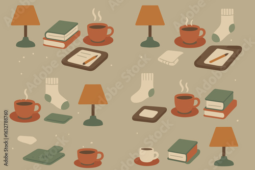 Cozy indoor setting with warm drinks, books, and soft textures creating a relaxing atmosphere for chilly evenings
