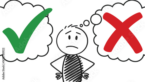 Decision making dilemma stick figure choice right or wrong option