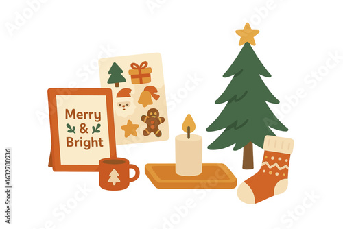 Decorative holiday display featuring a small Christmas tree, candles, and festive elements in a cozy setting