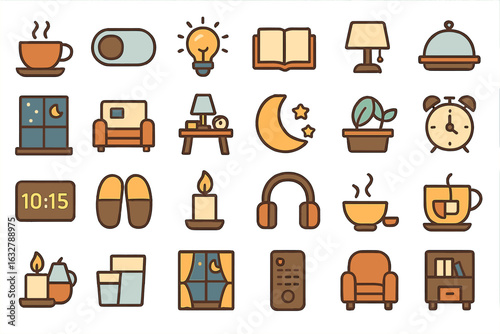 Cozy home icons representing daily activities and comfort during evening relaxation