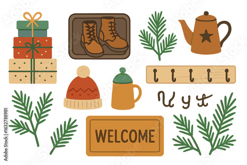 Decor for cozy winter gatherings featuring gifts, boots, and a welcoming atmosphere in a warm color palette