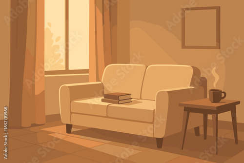Cozy living room in soft sunlight with a comfortable sofa, warm drink, and books on a small table